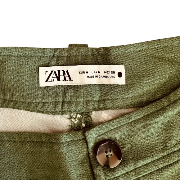 Zara Women's Size M Embroidered Viscose Linen Blend Wide Leg Cropped Green Pants - Picture 5 of 7